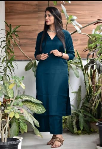 Image of Women's Jam Cotton Silk Co-ord Kurta Set With Pants | Ethnic Wear Solid Lightweight Straight Kurta With Pant