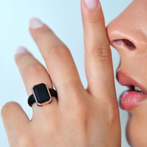 Rinfit Silicone Rings for Her - Rubber Wedding Bands - Black Emerald & Nude with Metal Plate - Metal Rose Gold - Size 92