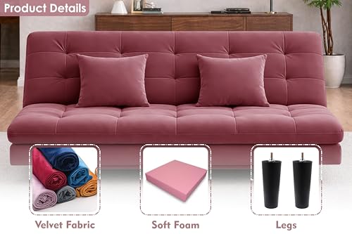 Image of Rosebell Modern Three Seater Sofa Cum Bed Foldable Velevt Fabric Sofa, Soft Foam Seating, Stylish Design for Living Room, Guest Room & Office - Rose Pink Color