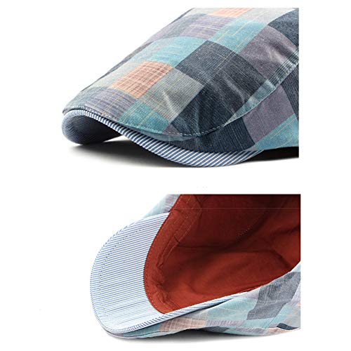 Image of Gudessly Mens Adjustable Colorful Striped Plaid Ivy Newsboy Cabbie Gatsby Golf Cap Flat Cotton Hat Thin Cap
