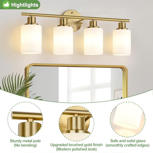 4-Light Bathroom Light Fixtures, Brushed Gold Modern Vanity Lights with Milky White Frosted Glass Shades, Bathroom Wall Lamp for Mirror Kitchen Living Room
