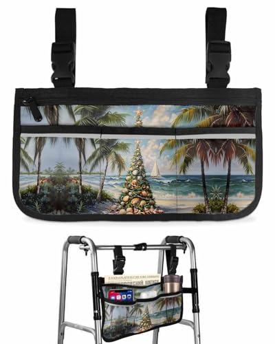 Anzona Christmas Coastal Wheelchair Side Bag Walker Bag, Xmas Beach Shell Starfish Trees Wheelchair Accessories Armrest Pouch, Organizer Storage Bag for Walkers, Rollators, Scooters, 7.3''x13''