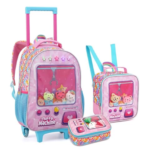 Kit Mochila De Rodinha Infantil Com Luz de LED Lancheira E Estojo Estampa de Bichinhos de Pelúcia Feminina Menina