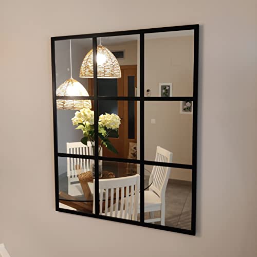 THEROSE Espejo Ventana, Espejo Industrial, Aluminio Negro 100 x 80 cm (Negro)