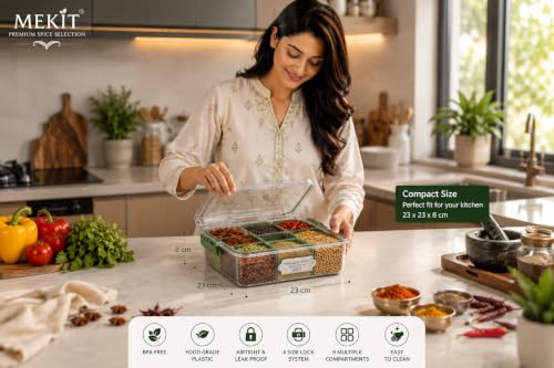 Image of MEKIT Masala box plastic With 9 Compartment | Big Kitchen Stylish Airtight Spice box Container | Transparent Organizer For kitchen storage Dabba (23x23x7cm) Olive Green