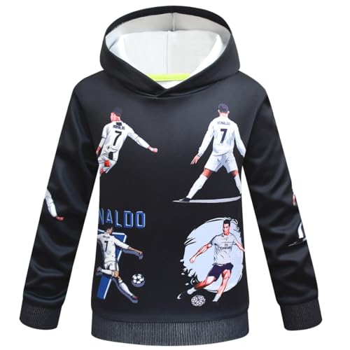 Delanhon Sudadera con capucha unisex para niños y niños, con capucha 3D, para fanáticos del fútbol, Negro, 7-8 años