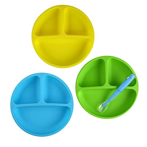 100% Silicone Plates for Toddlers | 3 Pc Set & 1 Soft Spoon | Divided Baby Plates | Non-Toxic, BPA Free Certified | Dishwasher/Microwave Safe | Skidproof | Silicone Kids Plates with Dividers