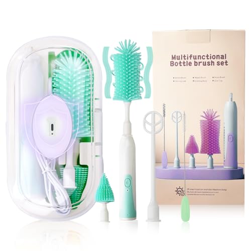 Image of Electric Bottle Brush,Electric Baby Bottle Brush Set with Silicone Bottle/Pacifier/Straw Brush and Mixing Head, Water Bottle Cleaner Brush with Drying Rack, 2 Modes & 360° Rotation (Green)