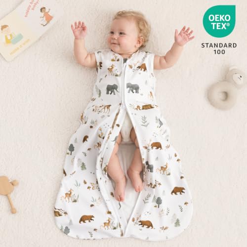 Image of PHF 100% Organic Cotton Baby Sleep Sack 12-18 Months, Soft Lightweight Wearable Blanket for Babies, 2-Way Zipper 0.3 TOG Comfy Toddler Sleeping Sack 3 Pack for Boys Girls Neutral, Woodland (Large)