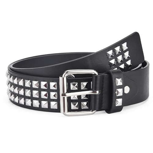 3 Row Pyramid Studded Belts Silver Stud Black Belt PU Leather Punk Goth Metal Belt2