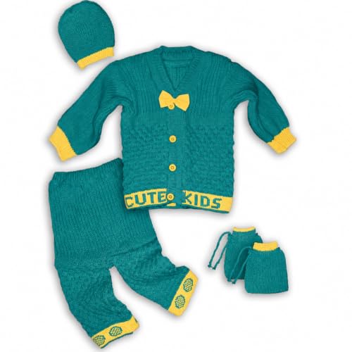 Image of Baby Unisex New Born Baby Boys Girls Soft Comfortable Trendy Woolen Round Neck Stripe Sweater Set with Payjami, Cap and Pair of Booties for Toddlers