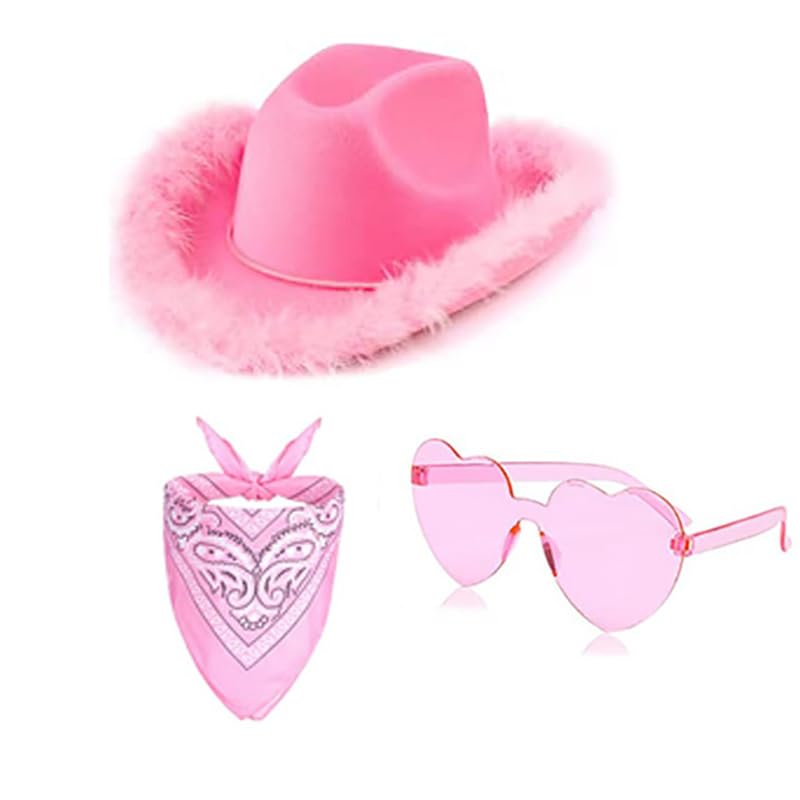 Sombrero de vaquero rosa y bufanda de vaquero accesorios de gafas de sol en forma de corazón para mujer, sombrero de vaquera con ala de plumas esponjosas para cosplay, disfraces de Halloween,