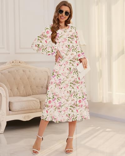 Image of CYiNu Women's Midi Dresses Long Sleeve Crew Neck Flowy Casual Floral Boho Tiered Chiffon Smocked Elegant Dress