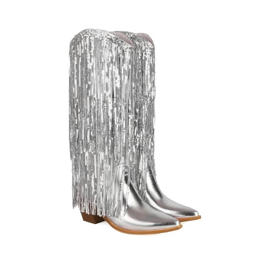 Women's Sequin Knee High Cowboy Boots Sparkly Metallic Fringed Cowgirl Boots Chunky Mid Heel Fashion Dress Booties Pull on2
