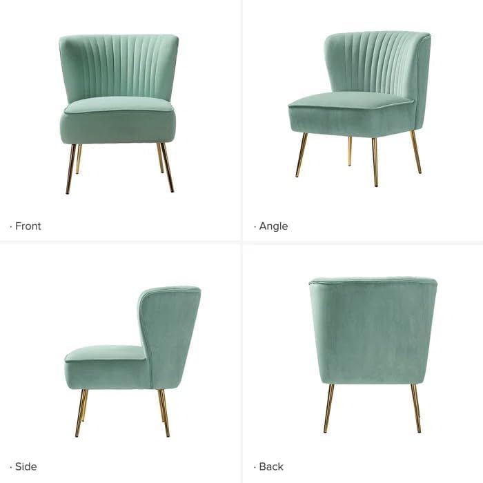 Image of Modern Upholstered Accent Velvet Chair Single Seater Channel Tufted Wing Back Chair with Golden Matel Legs for Living Room, Bedroom, Dining Room, Saga