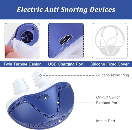 Anti Snoring Devices, Electric Anti Snoring Device, Effective Snoring Prevention, Sleep Apnea Devices for Men and Women, Adjustable Wind Speed, Suitable for All Nose Shapes, Blue