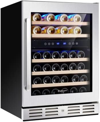 Kalamera 24'' Wine Cooler Refrigerator 40 Bottle - Dual Zone Built-in or Freestanding Fridge with Seamless Stainless Steel & Triple-Layer Tempered Reversible Glass Door and Temperature Memory Function