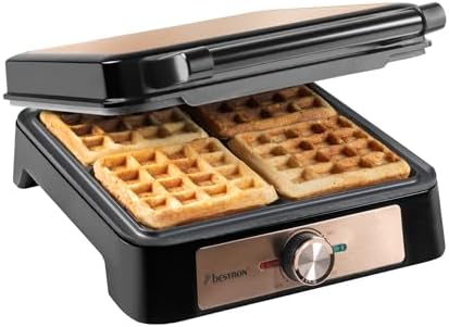 Bestron Waffeleisen für Belgische Waffeln, Belgisches Waffeleisen für 4 Waffeln, Größe 10x10cm, Dicke: 1.5cm, stufenloses Thermostat & Backampel, geeignet für Familien oder Ostern,
