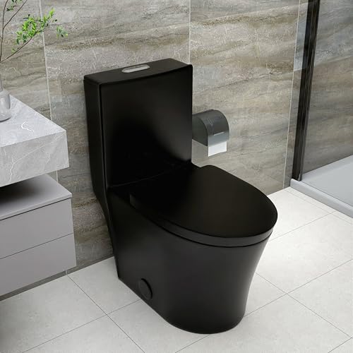 Inodoro moderno de una pieza en cerámica SouNor, con entrada de 12", forma alargada y taza en U, cierre suave, doble descarga (1,1/1,6 GPF), acabado negro mate miniatura 1