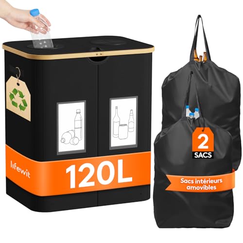 Lifewit Collecteur de Bouteilles avec Couvercle 2 Compartiment 120L, Poubelle Tri Selectif pour...