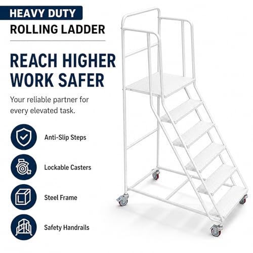 Image of 6 Step Rolling Ladder with Handrails, 880 lbs Capacity Heavy Duty Steel Mobile Warehouse Ladder with Locking Wheels, Non-Slip Rolling Stairs with Large Platform for Garage, Stockroom, Library