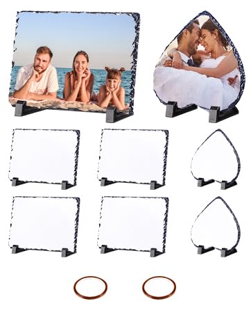 6 Pack Sublimation Slate Blanks,Rectangular and Heart Heat Thermal Transfer Stone Slate,Rock Stone Photo Frame with Display Stand,2 Tapes for Valentine's Day Gift,5.91 x 7.87,5.91 x 5.91 Inch