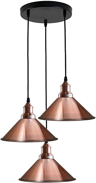 LEDSone 3 Light Bar Indoor Ceiling Industrial Pendant Fitting | 100cm Adjustable Loft Cord Cable | 21cm Retro Metal Cone Lightshade | 20cm 3 Way Point Outlet Round Metal Ceiling Rose (Copper)