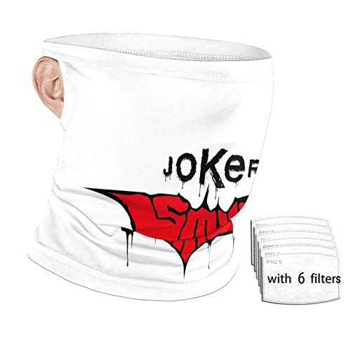 Joker Smile Men Women Neck Gaiter Face Cover Scarf Bandana Ear Loops Rave Outdoor Balaclava for Dust Wind UV Sun Protective With 6 Filter