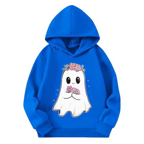 Girls Halloween Hoodies Cute Ghost Flower Graphic Pullover Tops Casual Hooded Long Sleeve Spooky Season Sweatshirt