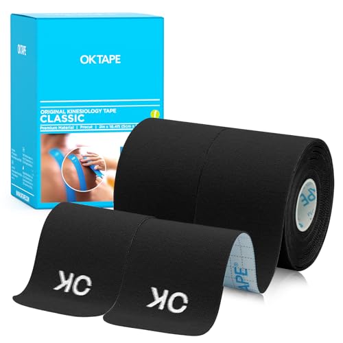 OK TAPE Kinesiology Tape 10 inches Precut, 20 Strips, Cotton Elastic Athletic Tape Latex Free, 2inch x 16ft, 2 Rolls Black