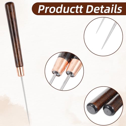 2 Pack Scratch Awl Tool with Wood Handle, Leather Awl Punch Tool, Stainless Steel Tailors Awls, Wood Handle Awls Tools for Leather Craft, Punching, Sewing and DIY Projects