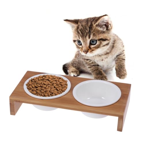 Toddmomy デュアルペットボウル セラミック製食器と竹製フレーム付き 犬や猫の給餌給水用 スベリ止め設計 洗いやすい ランダムスル