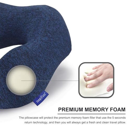 napfun Neck Pillow for Traveling, Upgraded Travel Neck Pillow for Airplane 100% Pure Memory Foam Travel Pillow for Flight Headrest Sleep, Portable Plane Accessories, Full Dark Blue, Medium (120-200LB)
