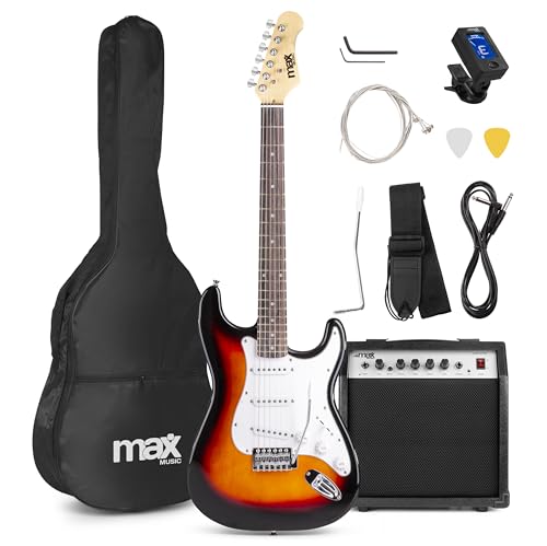 MAX GigKit - kit guitarra electrica para iniciación, amplificador de guitarra eléctrica de 40w, funda de transporte, afinador, cuerdas, palanca tremolo, correa, 2 puas, cable de 3m, Color Sunburst