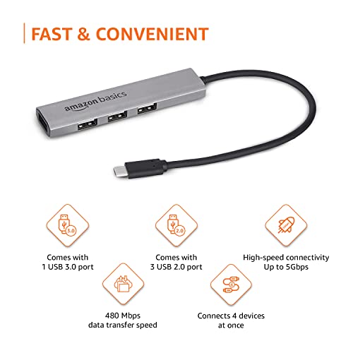 Image of Amazon Basics 4 Port Type C USB Hub 3.1 USB C to 4 Ports USB A 3.1 Adapter Super High Speed Data Transfer and Charging, Type-C Mobile Devices (Grey)