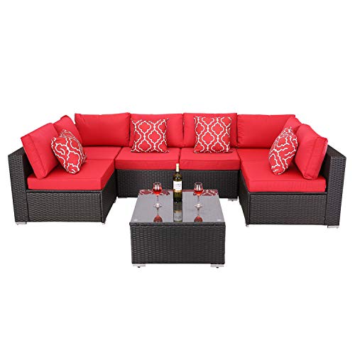 Do4U Patio Sofa 7-Piece Set Outdoor Furniture Sectional All-Weather Wicker Rattan Sofa Seat & Back Cushions, Garden Lawn Pool Backyard Outdoor Sofa Wicker Conversation Set (Red)
