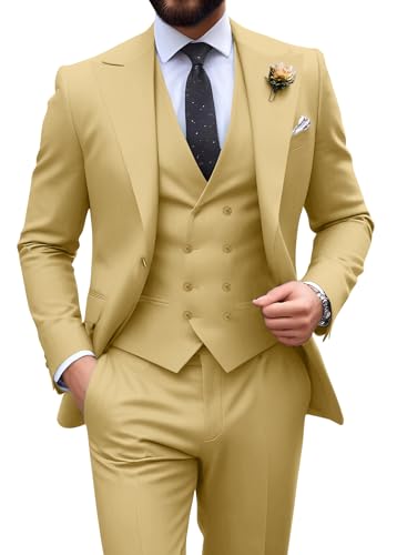Image of Mens Suit Slim Fit 3 Piece Double Breasted Suit Men Formal Wedding Tuxedo | Suits for men,blazer vest pants set,prom party groom suits,one button,lightweight,graduation homecoming outfit