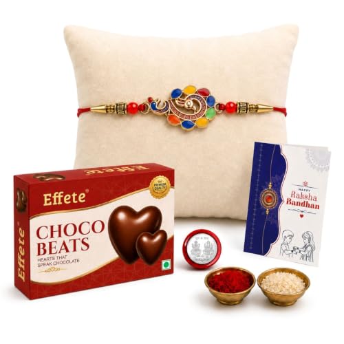 Image of DeoDap Rakhi Multicolor Peacock Design Rakhi Beats with Chocolate Beats 32gm, Silver Pooja Coin, Tilak Set, Greeting Card - Rakhi Gift for Brother