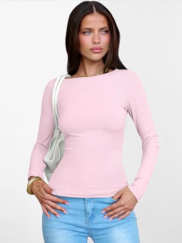 Image of ANRABESS Women's Boat Neck Long Sleeve Shirts Rib Knit Slim Fitting Tops Basic Tees 2026 Casual Comfy Fall Outfits Clothes