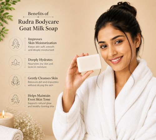 Image of Rudra Body Care Goat Milk Soap for Dry Skin | Deep Moisturizing | Handmade Bathing Bar | Gentle & Skin-Friendly Cleanse | 100g (Pack of 1)