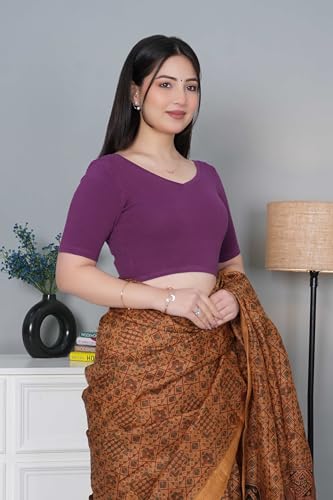 Image of Mlada V-Neck Stretchable Saree Blouse Top for Women | Slim Fit Short Sleeves Solid Cotton Blouses | Readymade Saree Blouses for Women Festive & Ethnic | Blouse Crop Top