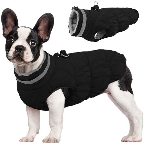 Image of FUAMEY Dog Winter Coat Fleece Warm Medium Dog Coat with Harness Built in | Dogs Cold Weather Fleece Coats Zip up Reflective Dog Winter Vest Windproof Water Resistant Snow Coats Solid Black M