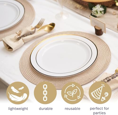Matana 25 Piatti in Plastica Bianca Premium con Bordo Dorato, 26cm - Eleganti, Resistenti e Riutilizzabili - Matrimoni, Compleanni, Battesimi, Natale, Barbecue, Feste - immagine 5