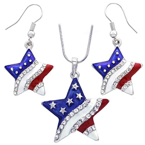 SoulBreezeCollection USA American Flag Stars Patriotic 4th of July Independence Day Pendant Necklace & Dangle Earrings Set