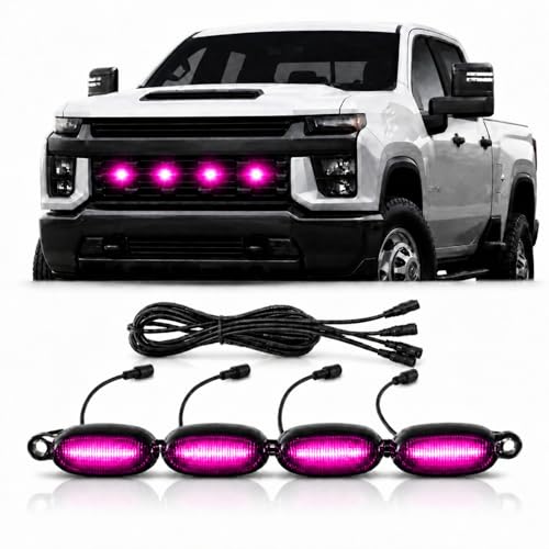 Image of Car Front Grill Set of 4 Pcs Universal Smoked Shell Style DRL Emergency Warning Off-Roading Lights (4 X 4) for All Cars, Vans, SUV, Trucks (Pink)