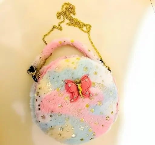 Kids Sling Bag for Girls - Small Size Cute Fur Hand Purse with Butterfly Design | Soft Plush Shoulder Bag for Toddlers