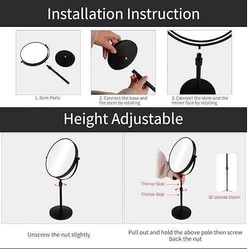 Nicesail 19 Inch Tall Makeup Mirror with 10X Magnification, 8 Inch Magnifying Mirror Tabletop with Pedestal, Height Adjustable Black (8 Inch, 10X) - Image 5