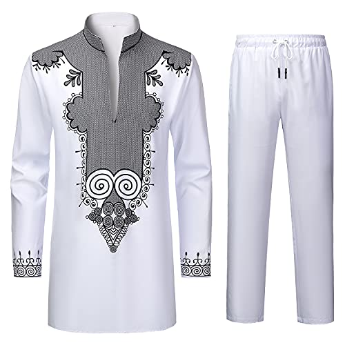 YND Men’s 2 Piece Set African Dashiki Shirt and Pants, Outfit with Gold Print