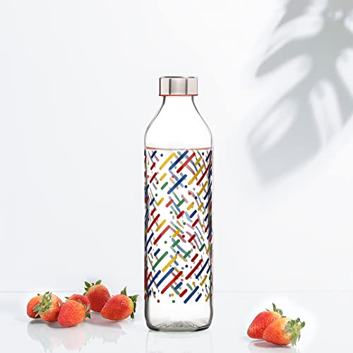 Image of SAND DUNE Set of 6, 800 ml Each Colored Sticks Printed Glass water bottle, with Leak-Proof Airtight Stainless-Steel Lid for Water, Smoothie, Juices - Reusable Travel Glass Drinking Fridge Bottles
