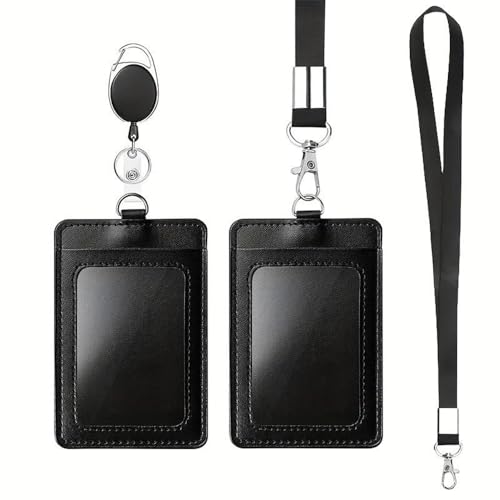 PU Leather ID Card Holder with Retractable Reel and Lanyard Ideal for Work School and Office Staff (Black)